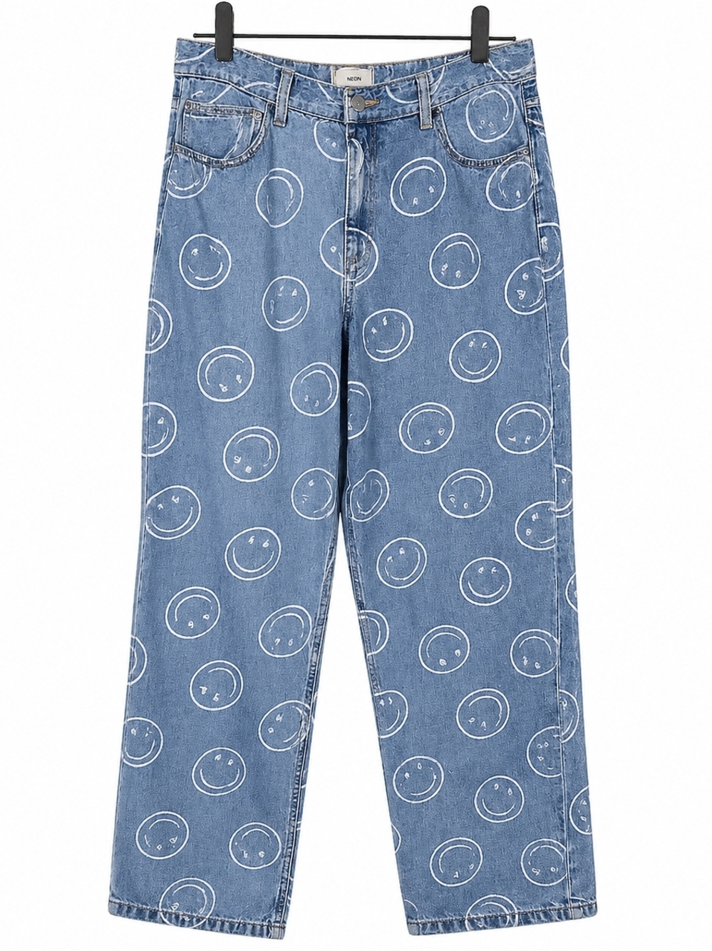 Smiley x H&M Wide High Jeans Baggy Loose Fit All Over Print Blue Denim 8